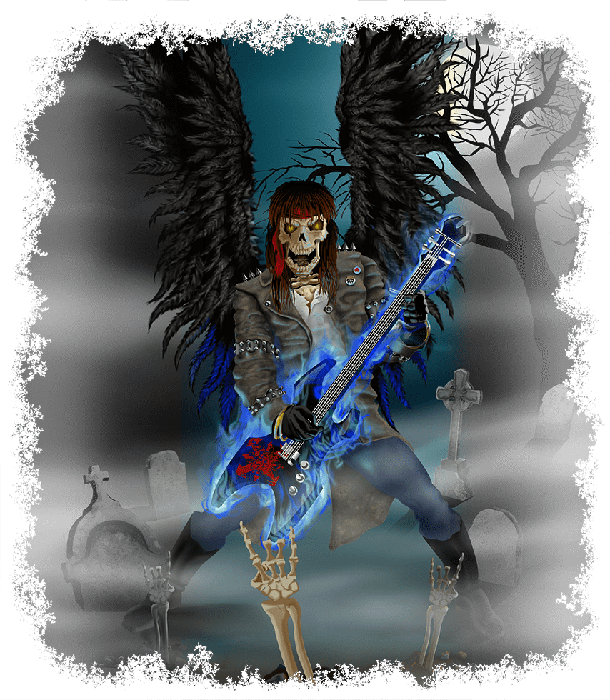 A man with wings and a guitar in the dark.