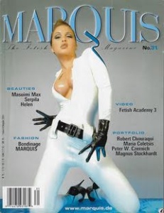 A woman in white catsuit and gloves on the cover of magazine.