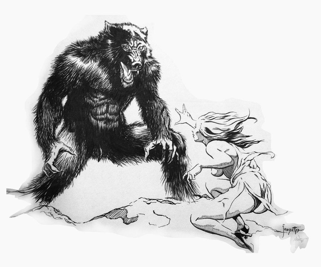 A drawing of two animals fighting each other.